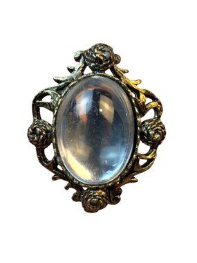 Vintage Ornate Art Nouveau Revival Rose Filigree Oval Clear Cabochon Brooch Pin